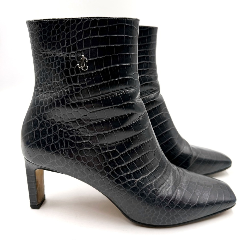 Jimmy Choo Minori Croc Booties Dusk Leather Square Toe Heels Ankle Sz 38.5 / 8.5